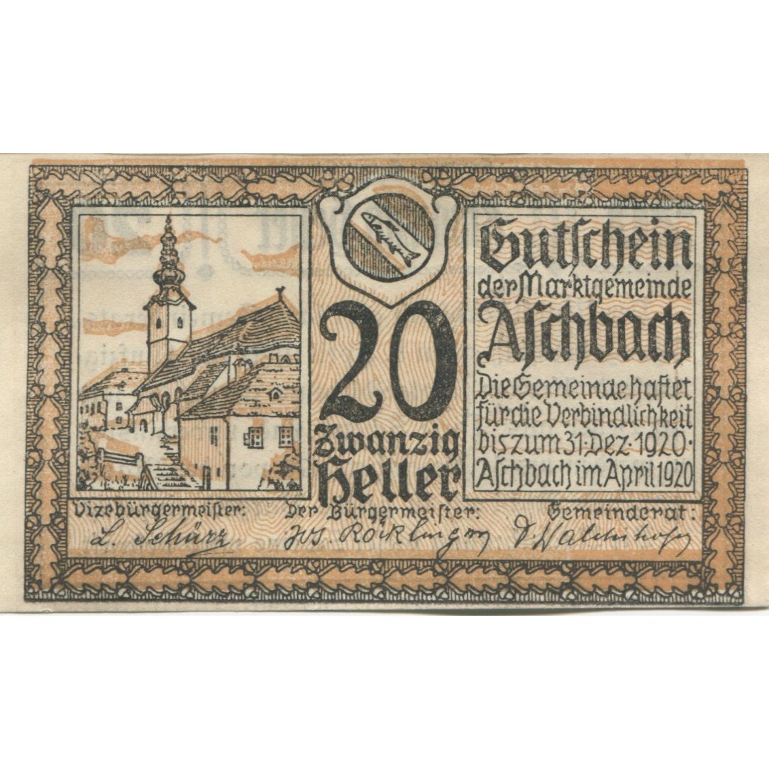 Billet, Autriche, Aschbach, 20 Heller, village 1920-12-31, SPL, Mehl:FS 55a