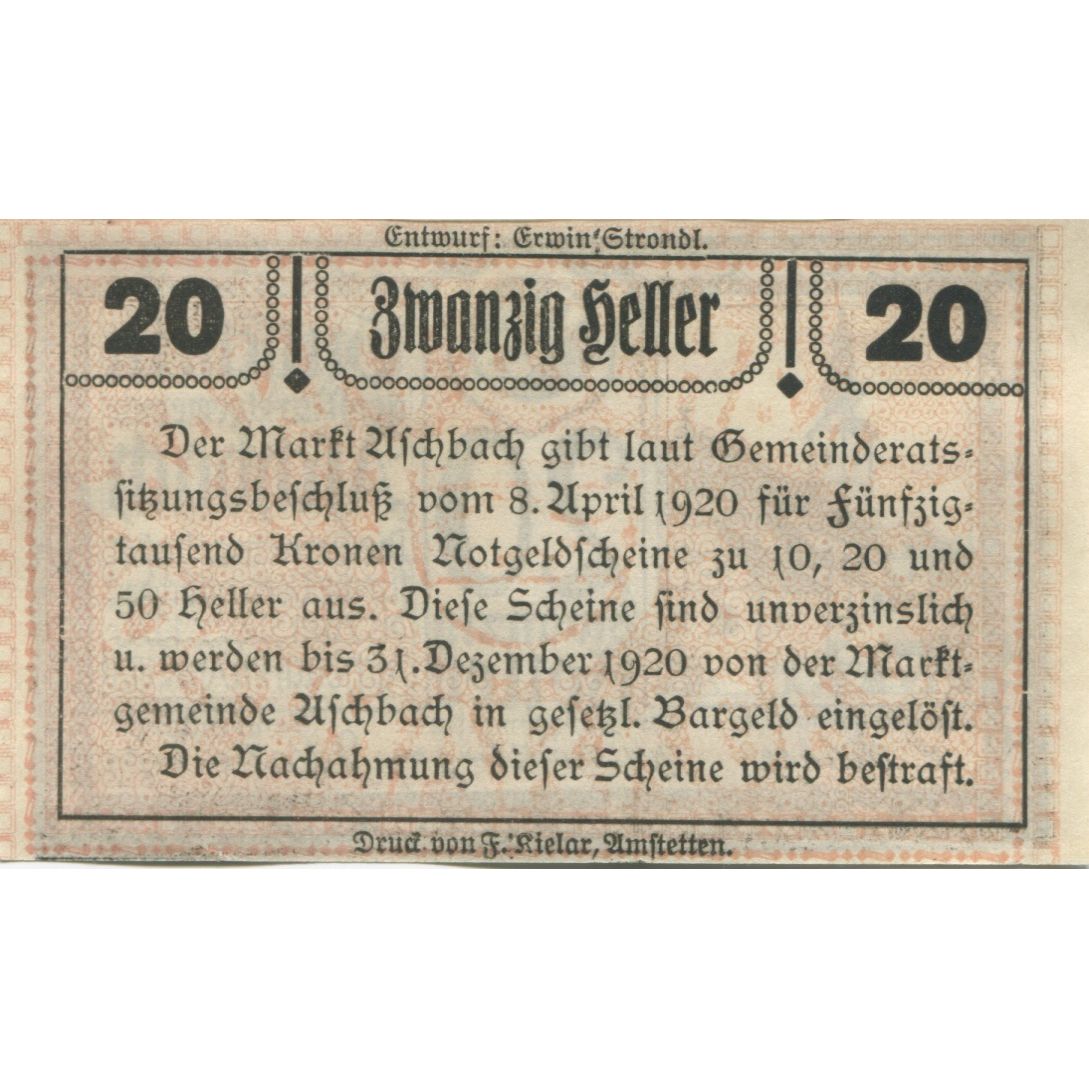Billet, Autriche, Aschbach, 20 Heller, village 1920-12-31, SPL, Mehl:FS 55a