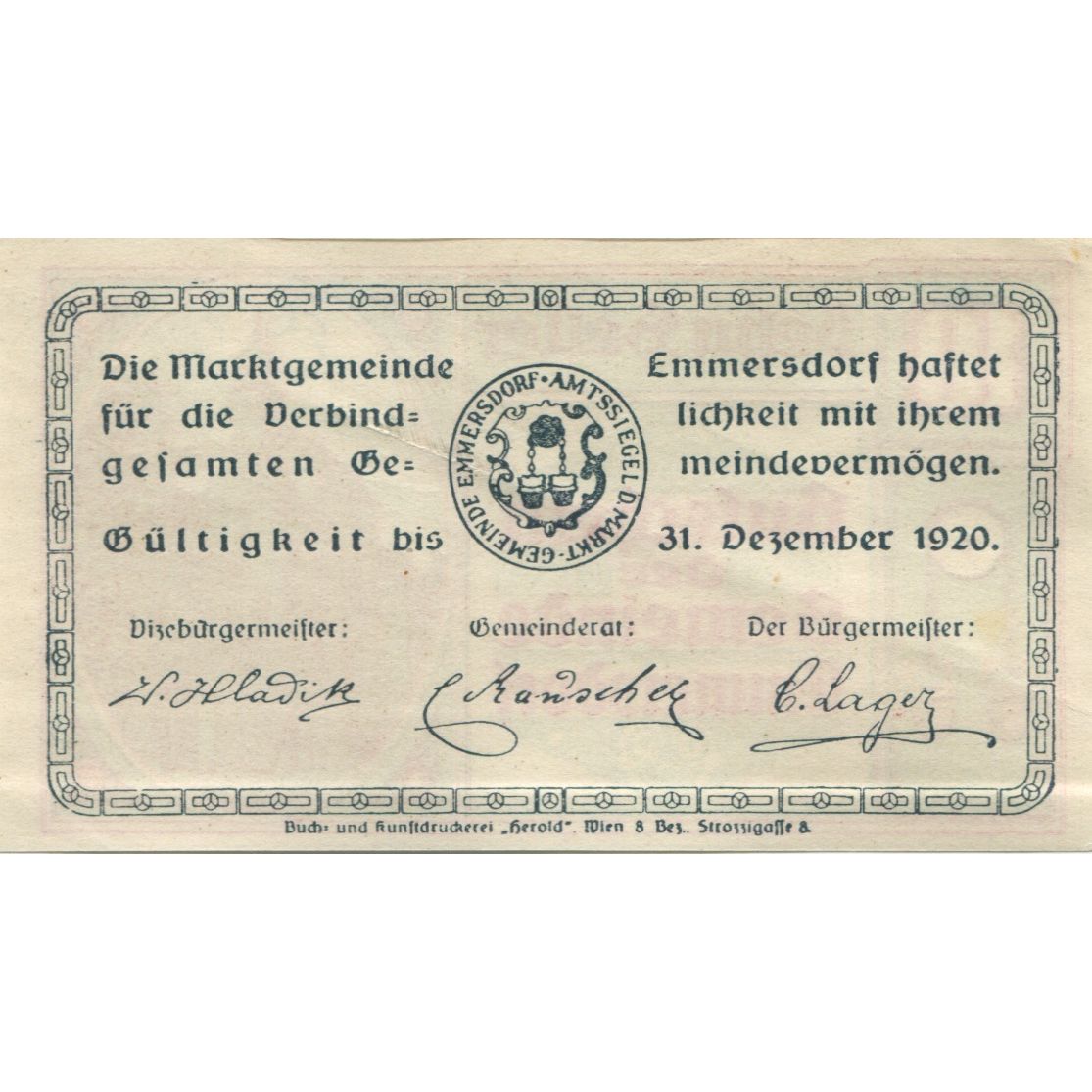Billet, Autriche, Emmersdorf, 10 Heller, rue 1920-12-31, SPL, Mehl:FS 171a