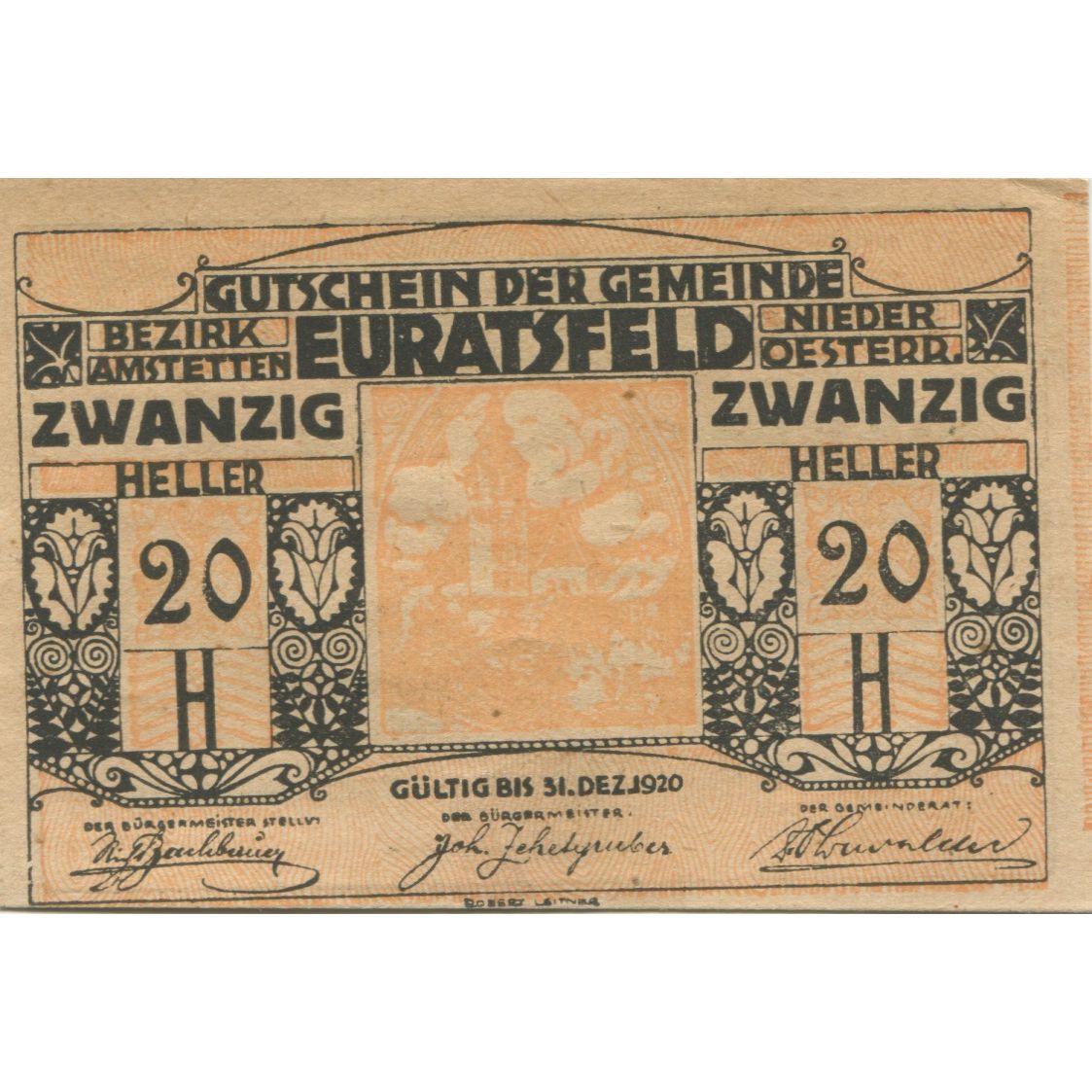 Banconote, Austria, Euratsfeld, 20 Heller, Blason 1920-12-31, SPL Mehl:FS 192a