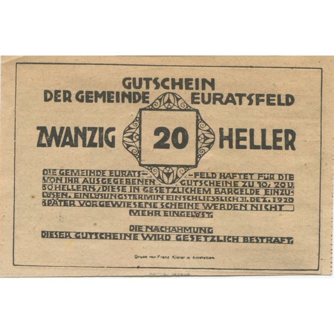 Banconote, Austria, Euratsfeld, 20 Heller, Blason 1920-12-31, SPL Mehl:FS 192a