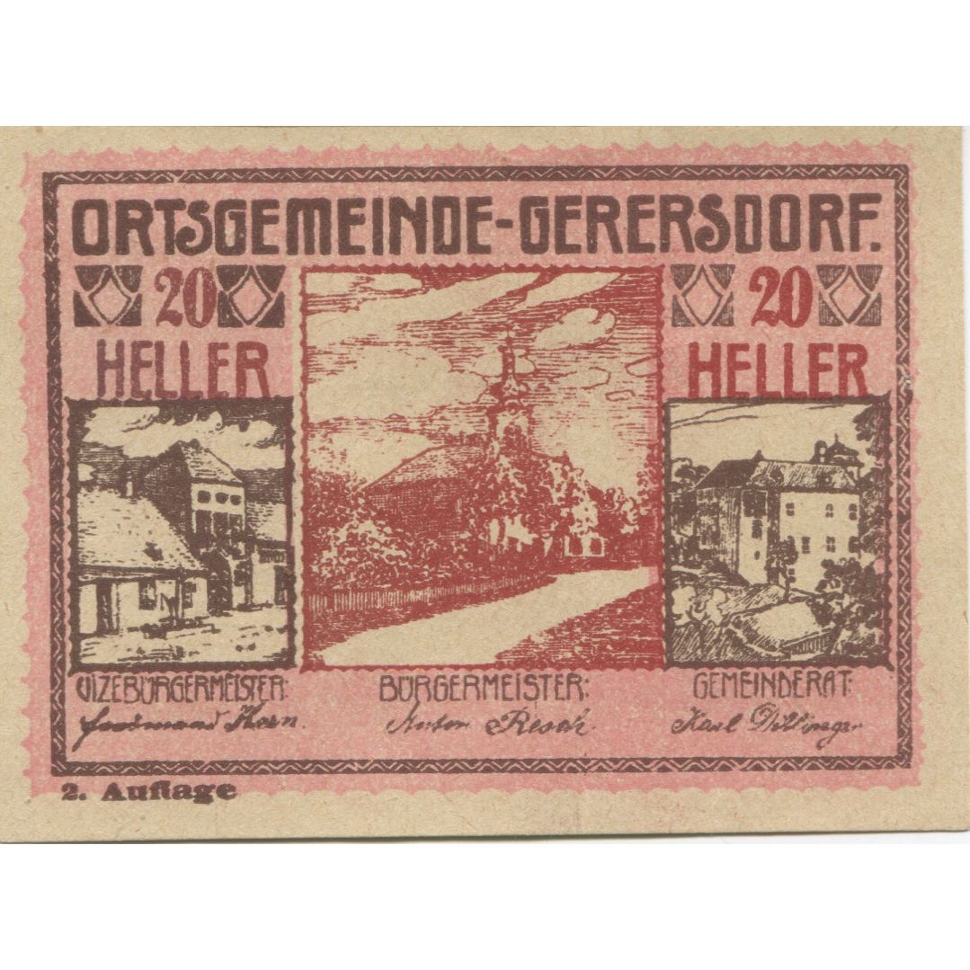 Billet, Autriche, Gerersdorf, 20 Heller, Eglise 1920-09-15, SPL, Mehl:FS 230a