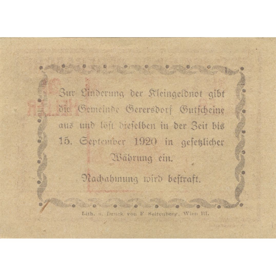 Billet, Autriche, Gerersdorf, 20 Heller, Eglise 1920-09-15, SPL, Mehl:FS 230a