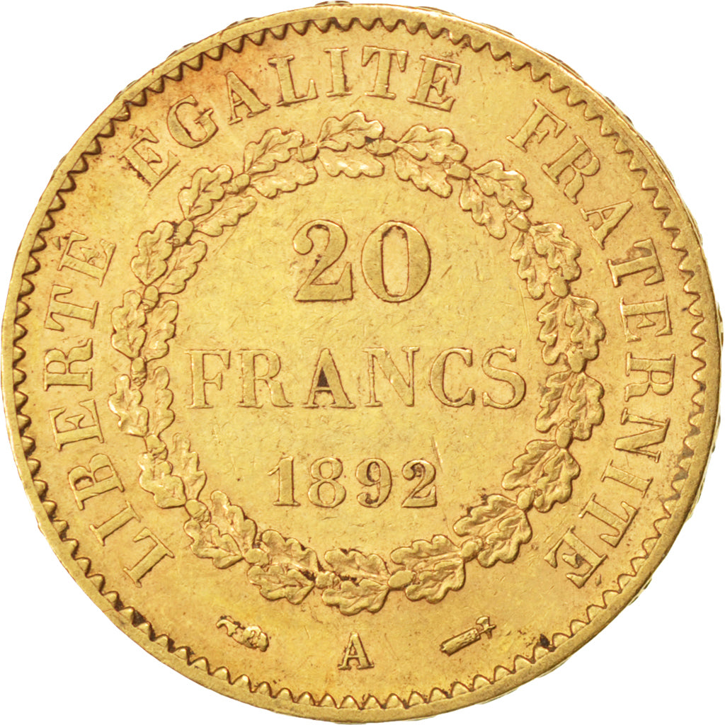 FRANCE, Génie, 20 Francs, 1892, Paris, KM #825, AU(50-53), Gold, Gadoury #1063, 