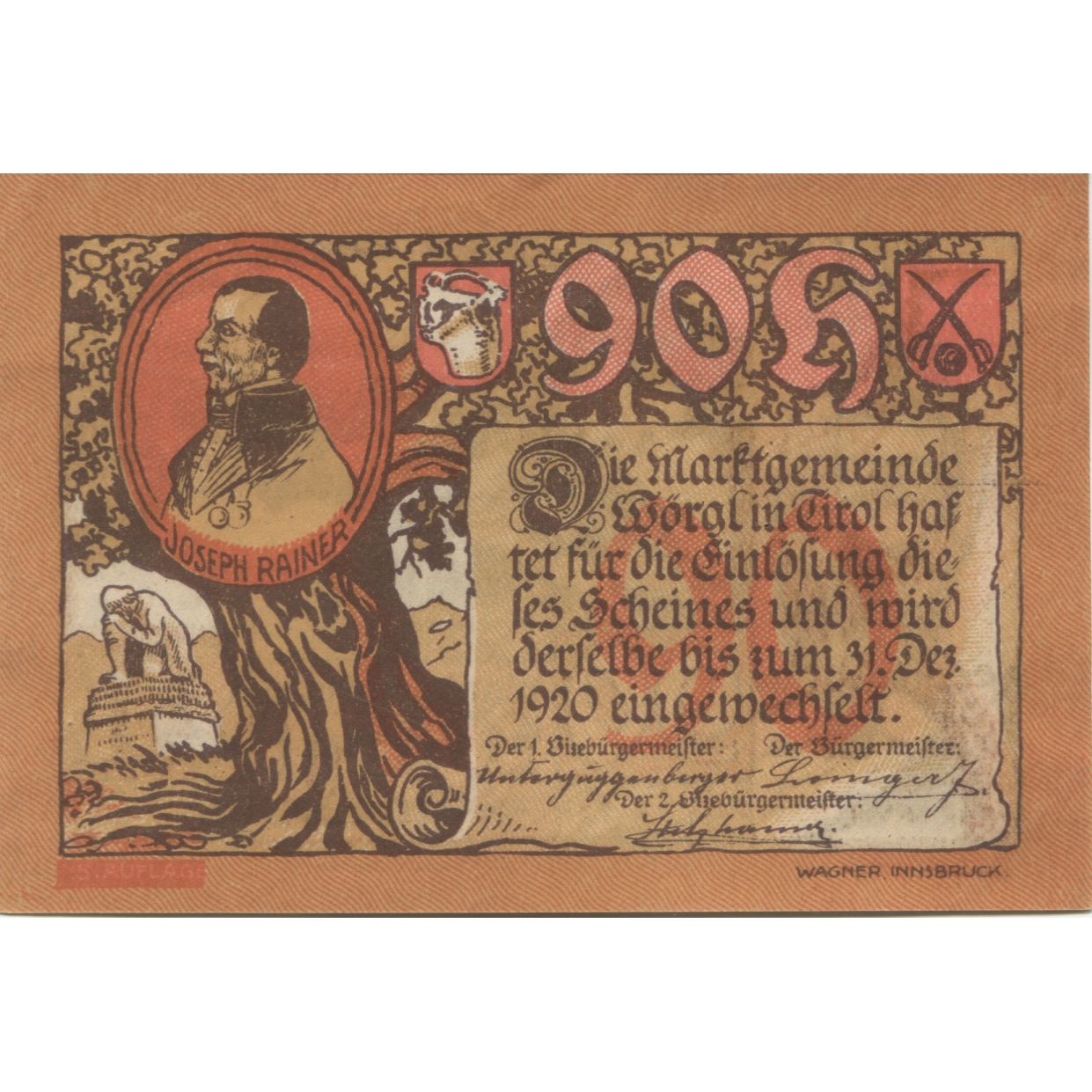 Banknote, Austria, Worgl, 90 Heller, portrait, 1920 UNC(63) Mehl:FS 1252a