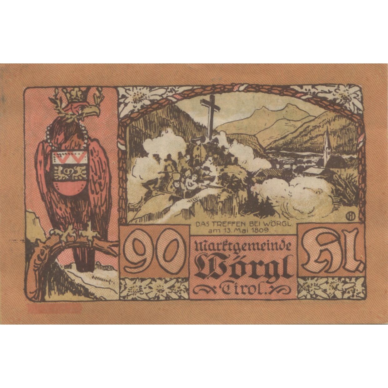 Banknote, Austria, Worgl, 90 Heller, portrait, 1920 UNC(63) Mehl:FS 1252a
