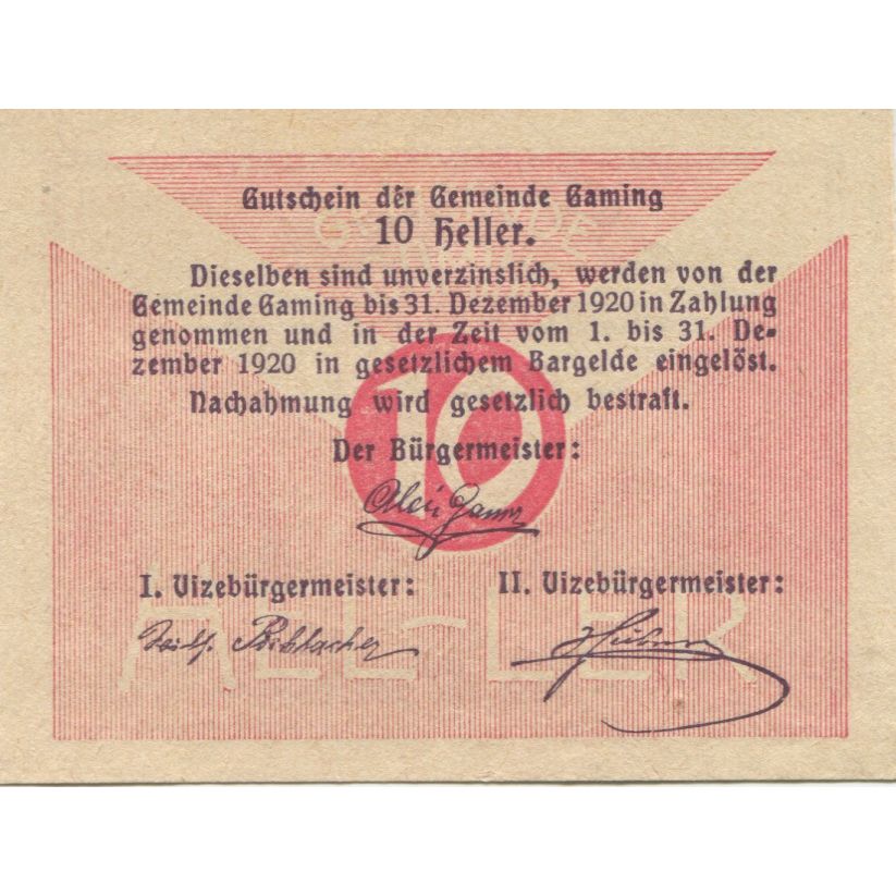 Banknote, Austria, Gaming, 10 Heller, Monument, 1920 UNC(63) Mehl:FS 220a
