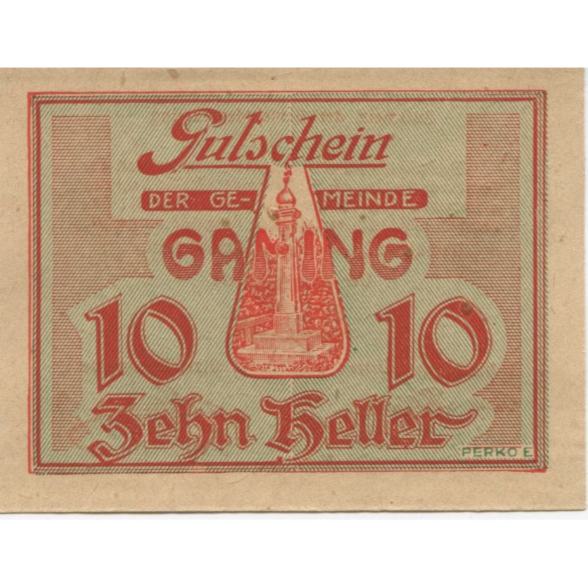 Banknote, Austria, Gaming, 10 Heller, monument 1, 1920 UNC(63) Mehl:FS 220a