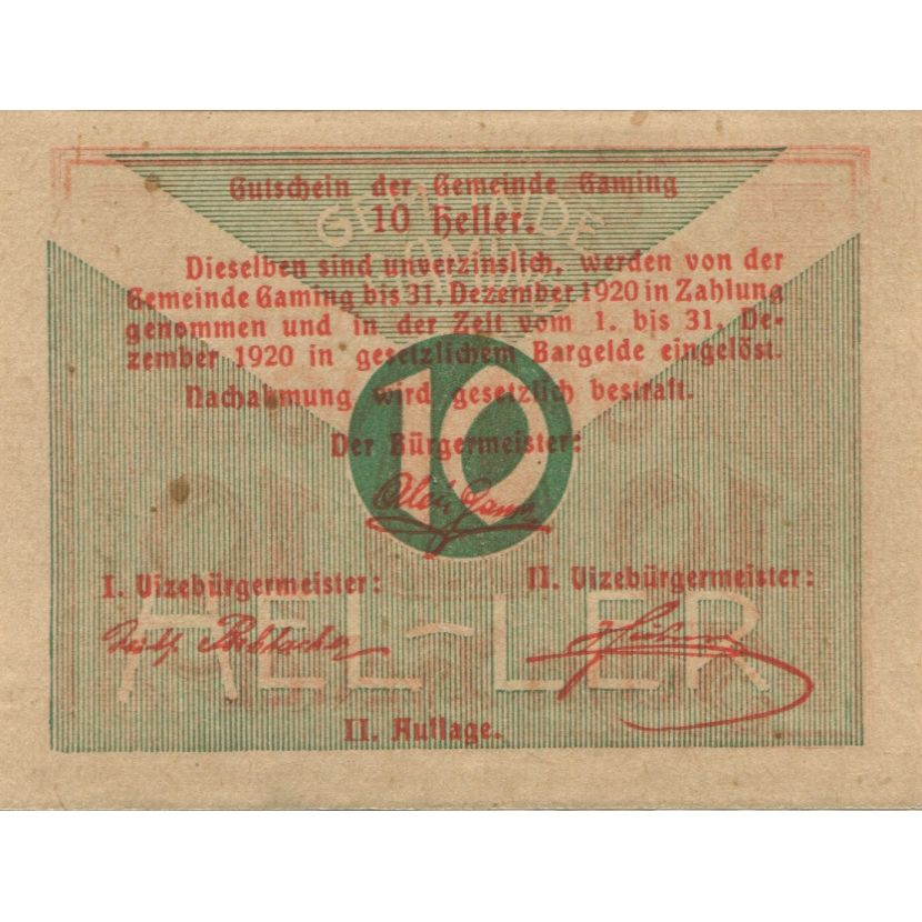 Banknote, Austria, Gaming, 10 Heller, monument 1, 1920 UNC(63) Mehl:FS 220a