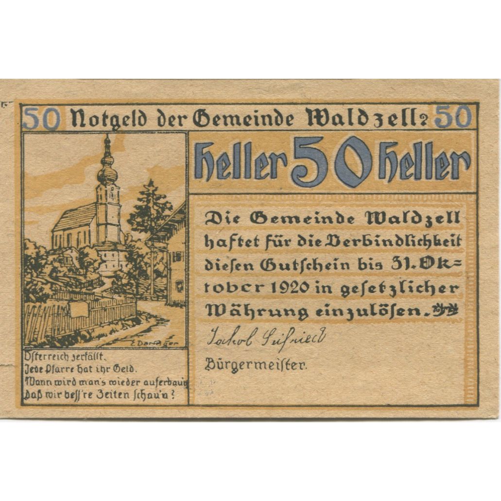 Banknote, Austria, Waldzell, 50 Heller, Eglise, 1920 UNC(63) Mehl:FS 1135a