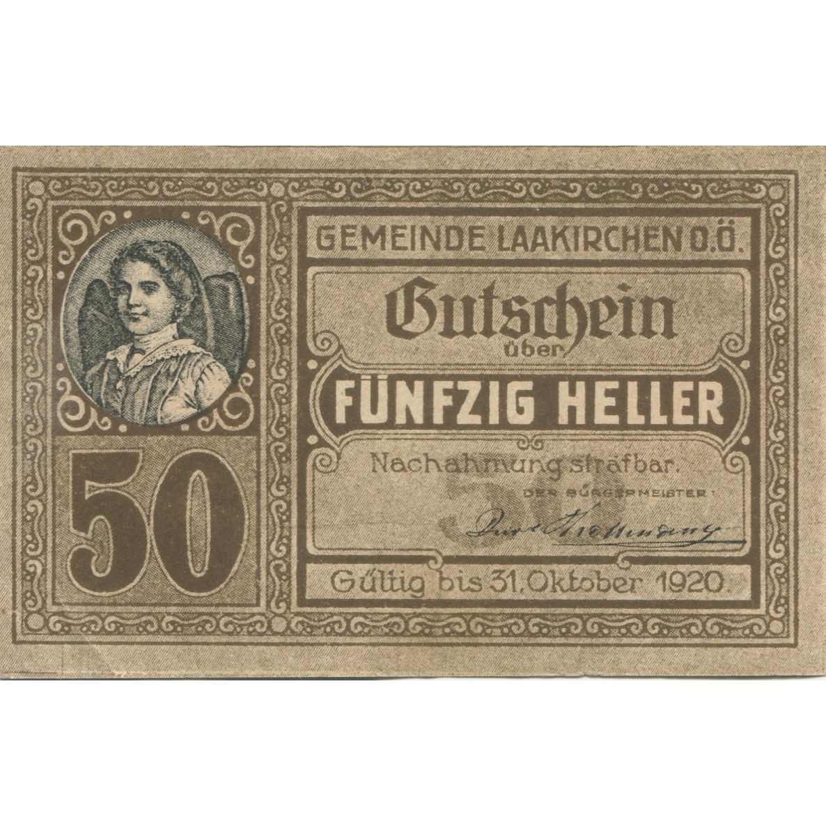 Banknote, Austria, Laakirchen, 50 Heller, portrait, 1920 UNC(63) Mehl:FS 494b
