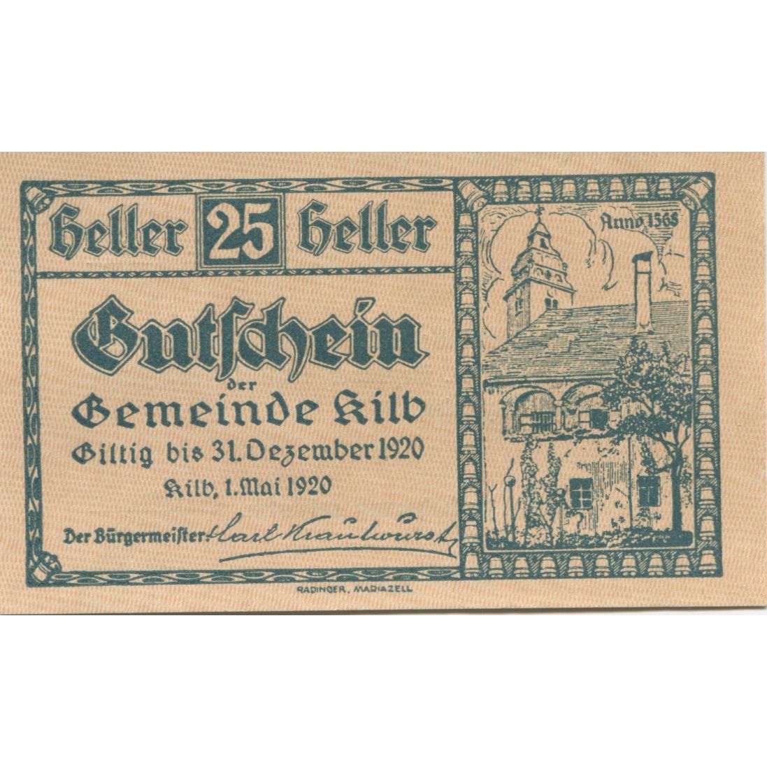 Banknote, Austria, Kilb, 25 Heller, Eglise 1920-12-31, UNC(63), Mehl:FS 436IIa