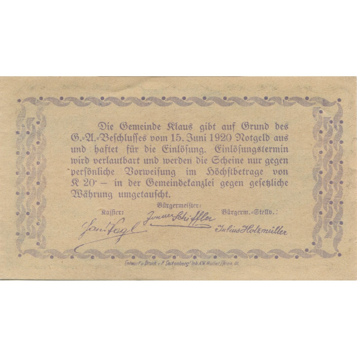 Banknote, Austria, Klaus, 60 Heller, paysage 1920-06-15, UNC(63), Mehl:FS 454