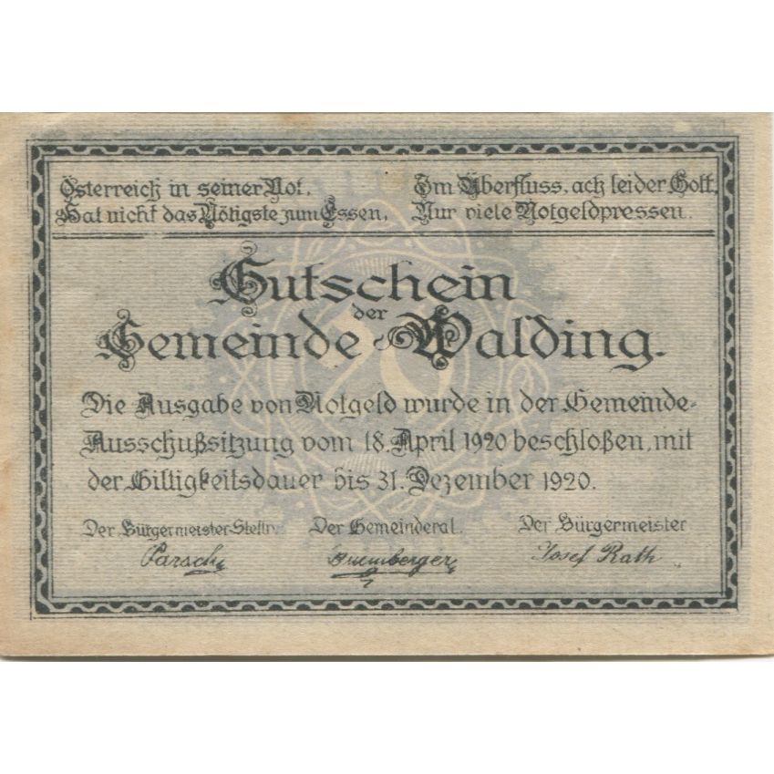 Geldschein, Österreich, Walding, 20 Heller, Eglise, 1920 UNZ- Mehl:FS 1132a