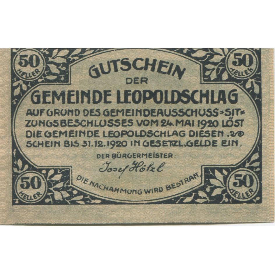 Banknote, Austria, Leopoldschlag, 50 Heller, village, 1920 UNC(63) Mehl:FS 516