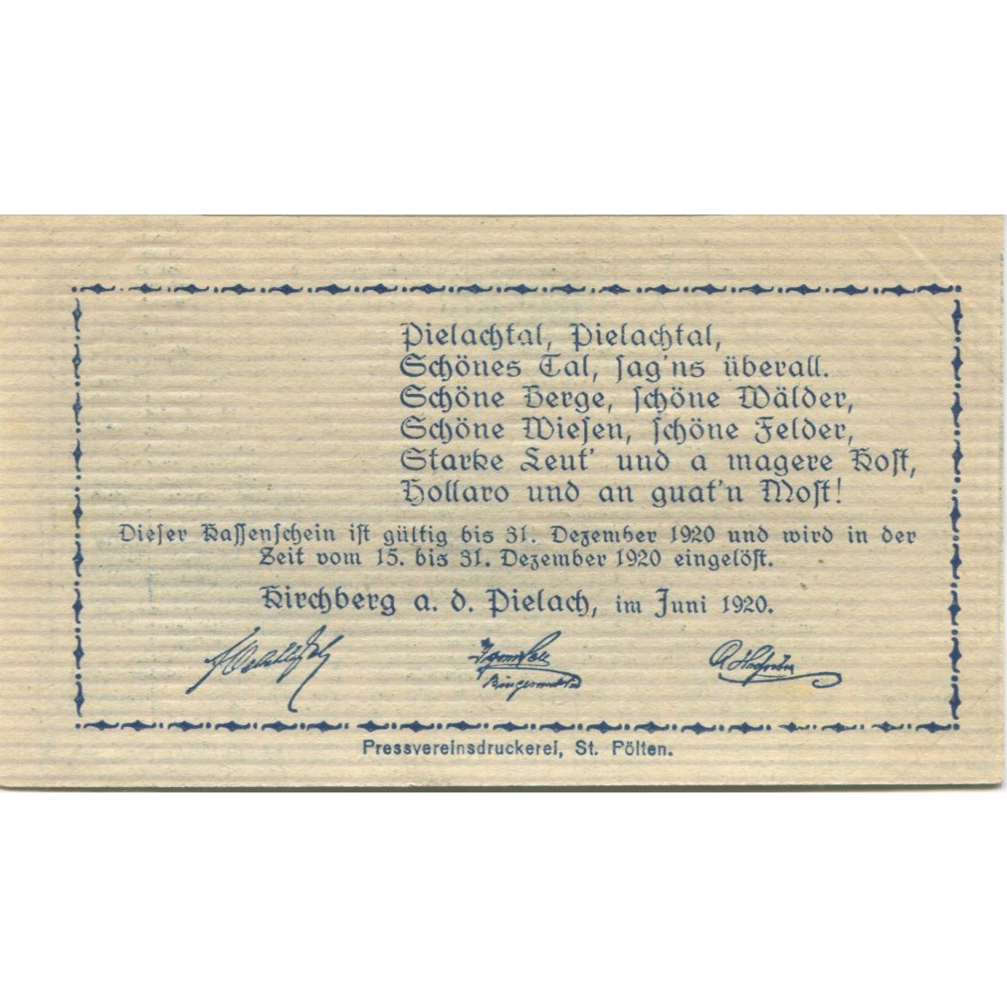 Banknote, Austria, Kirchberg, 50 Heller, paysage, 1920 UNC(63) Mehl:FS 442b