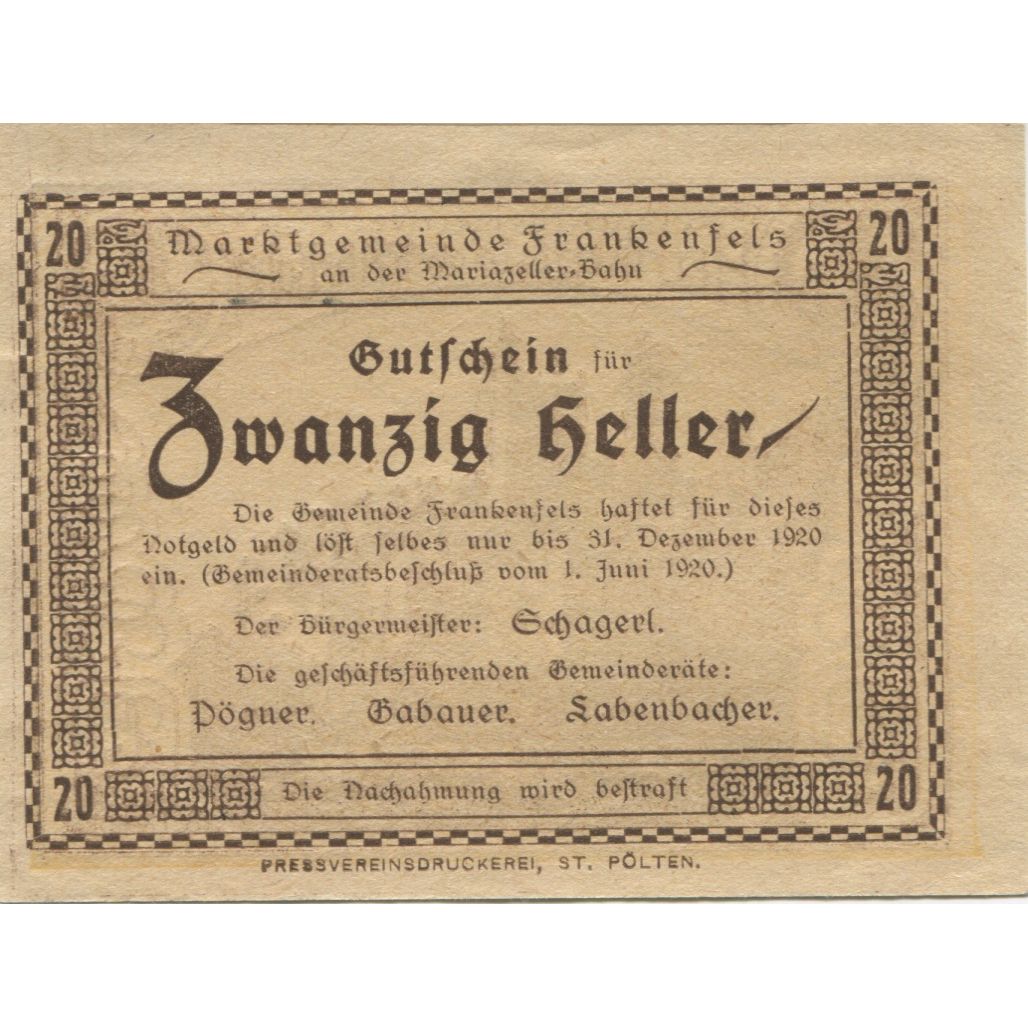 Banknote, Austria, Frankenfels, 20 Heller, ruine, 1920 UNC(63) Mehl:FS 208a