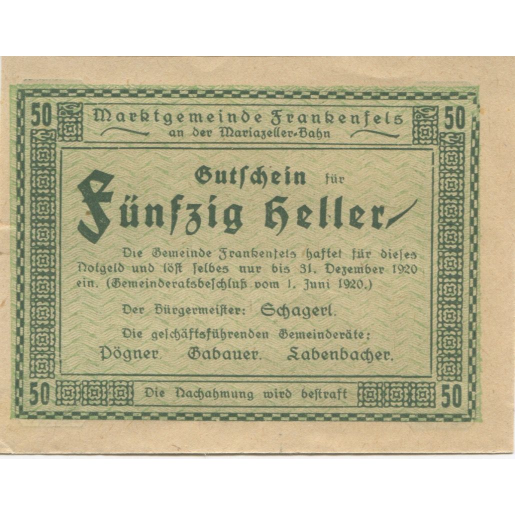 Banknote, Austria, Frankenfels, 50 Heller, montagne, 1920 UNC(63) Mehl:FS 208a