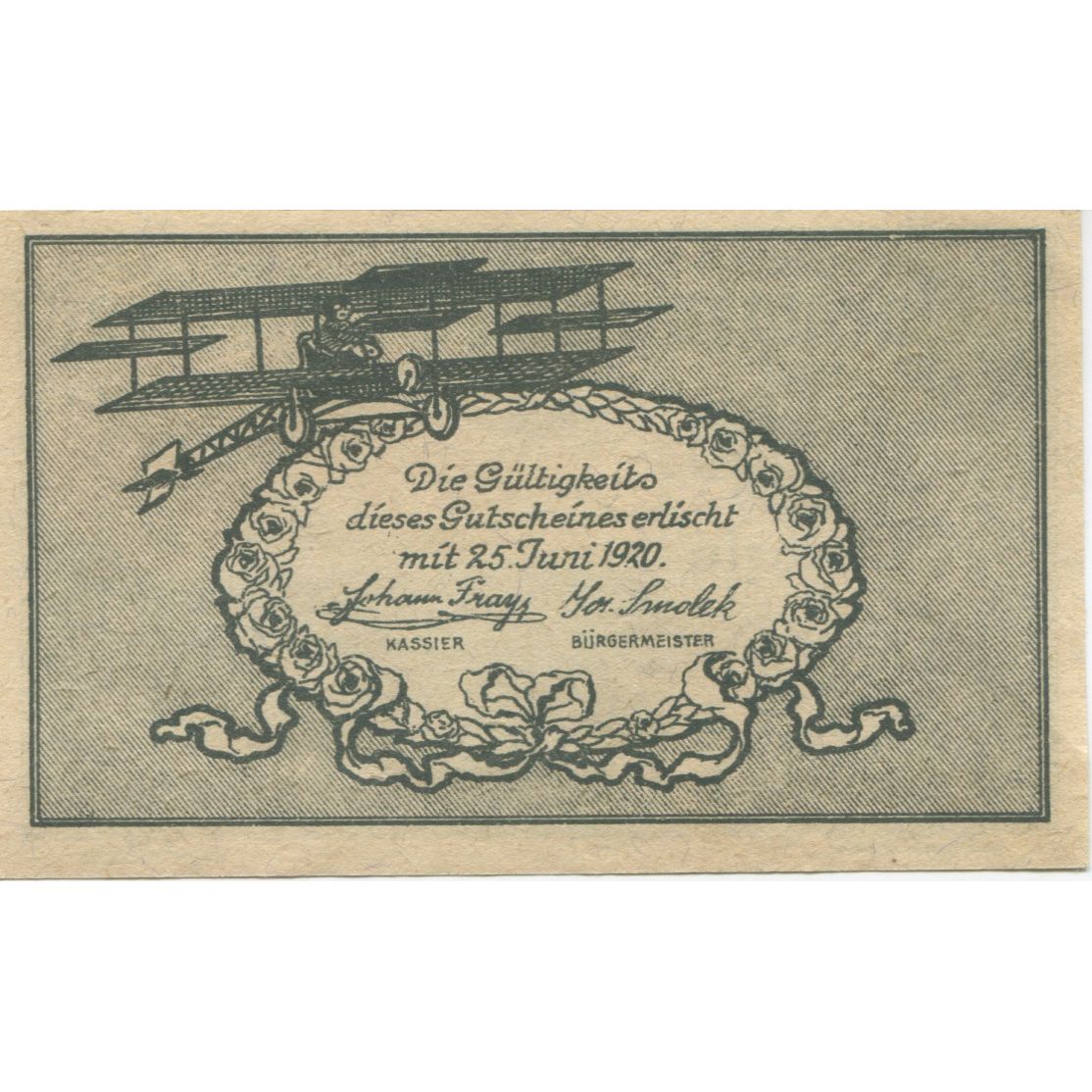 Banknote, Austria, Fischamend, 20 Heller, avion, 1920 UNC(63) Mehl:FS 202