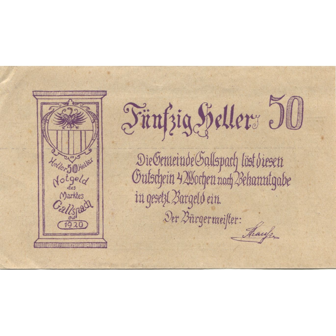 Banconote, Austria, Gallspach, 50 Heller, village, 1920, SPL-, Mehl:FS 219a
