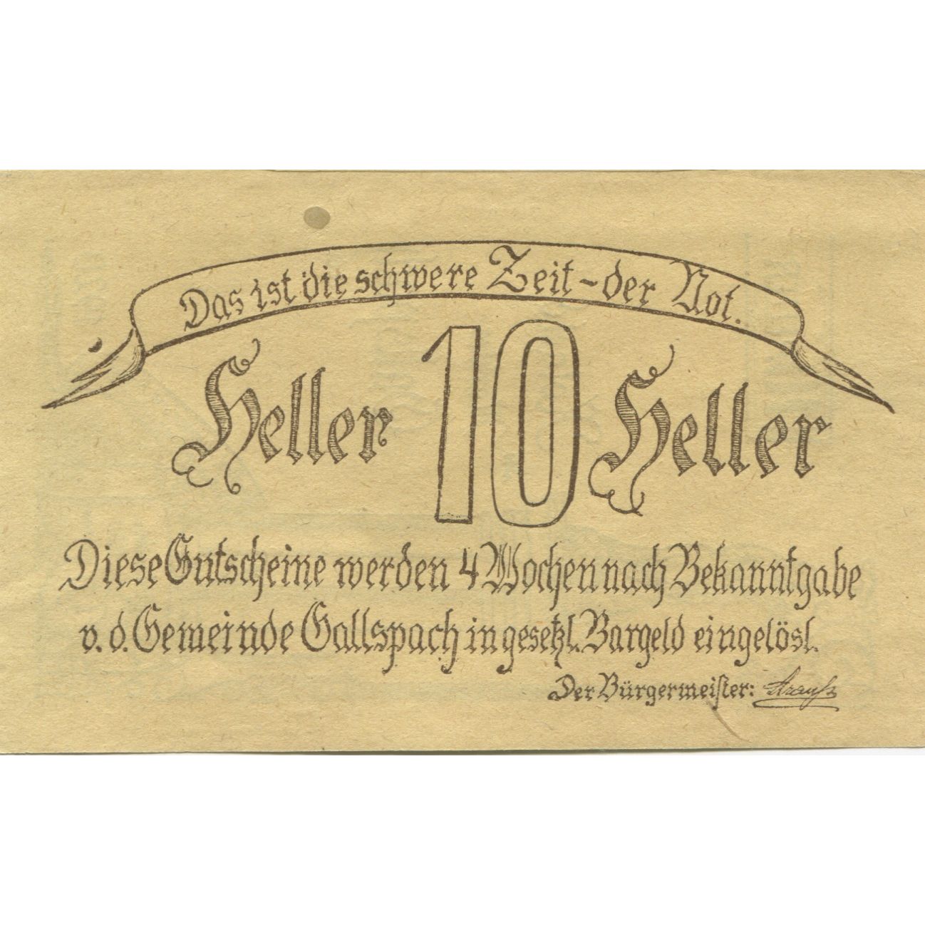 Banknote, Austria, Gallspach, 10 Heller, Monument, 1920, UNC(63), Mehl:FS 219b