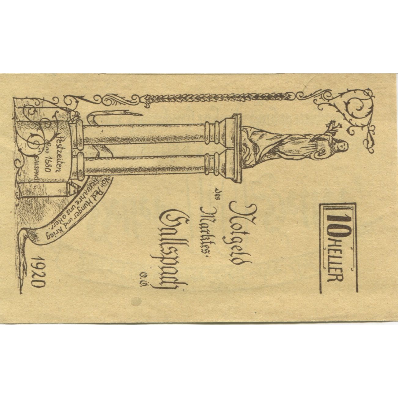 Banknote, Austria, Gallspach, 10 Heller, Monument, 1920, UNC(63), Mehl:FS 219b