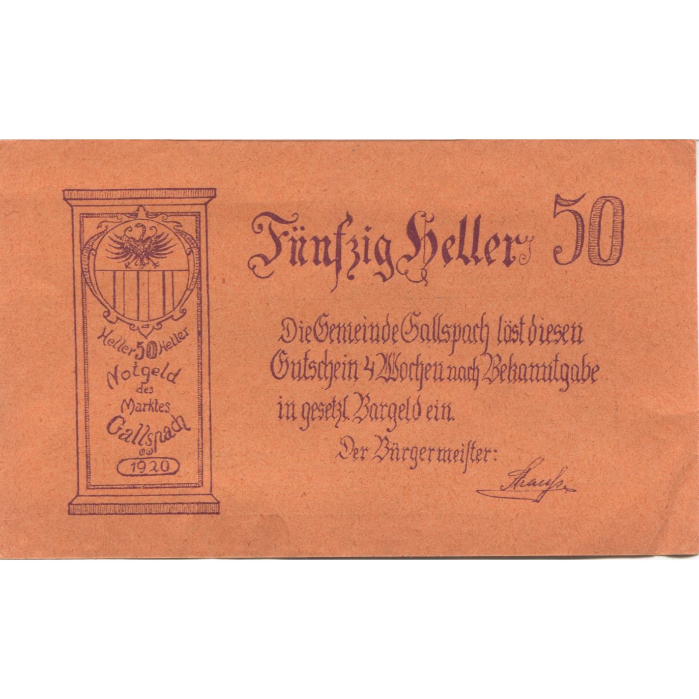 Banknote, Austria, Gallspach, 50 Heller, rue, 1920, AU(55-58), Mehl:FS 219c