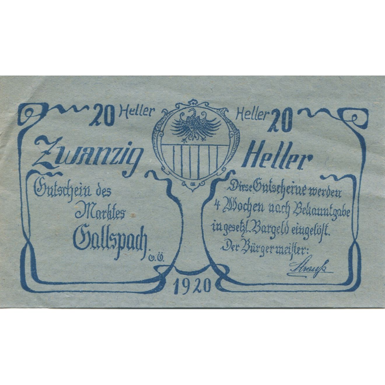 Banknote, Austria, Gallspach, 20 Heller, Blason, 1920, UNC(63), Mehl:FS 219a