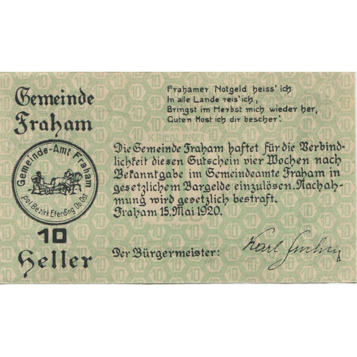 Banknote, Austria, Fraham, 10 Heller, ferme 1920-05-15, UNC(63), Mehl:FS 205c