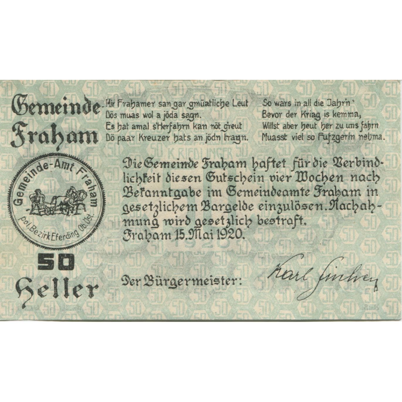Banknote, Austria, Fraham, 50 Heller, étang 1920-05-15, UNC(63), Mehl:FS 205c