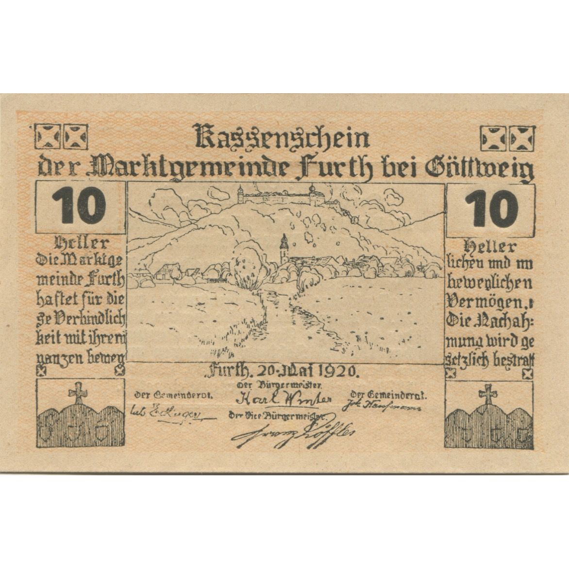 Banknote, Austria, Furth, 10 Heller, paysage 1920-05-20, UNC(63) Mehl:FS 214b