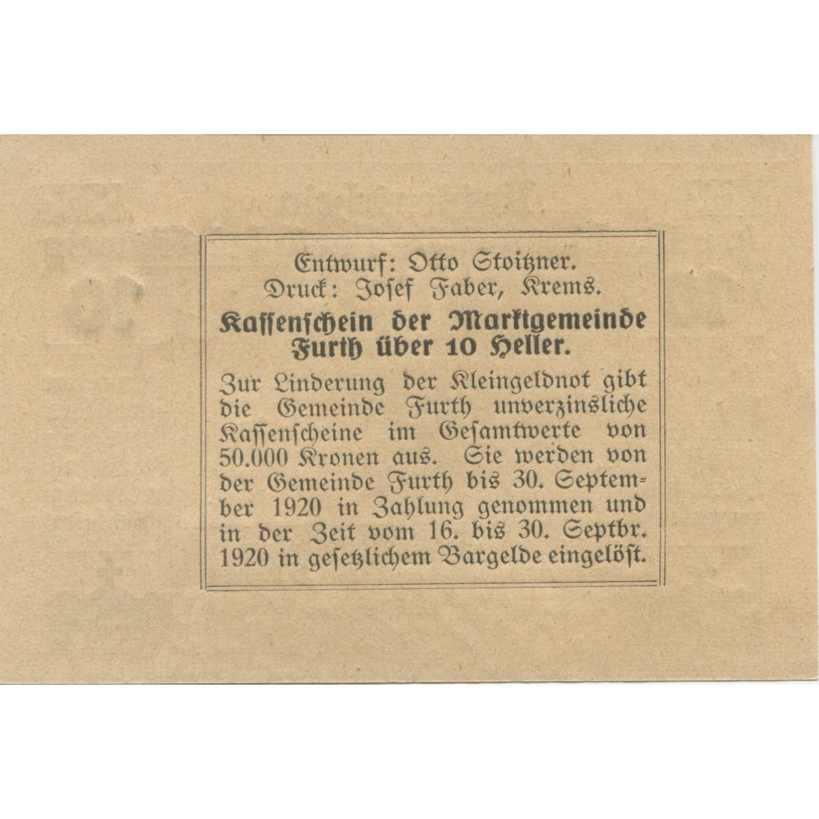 Banknote, Austria, Furth, 10 Heller, paysage 1920-05-20, UNC(63) Mehl:FS 214b