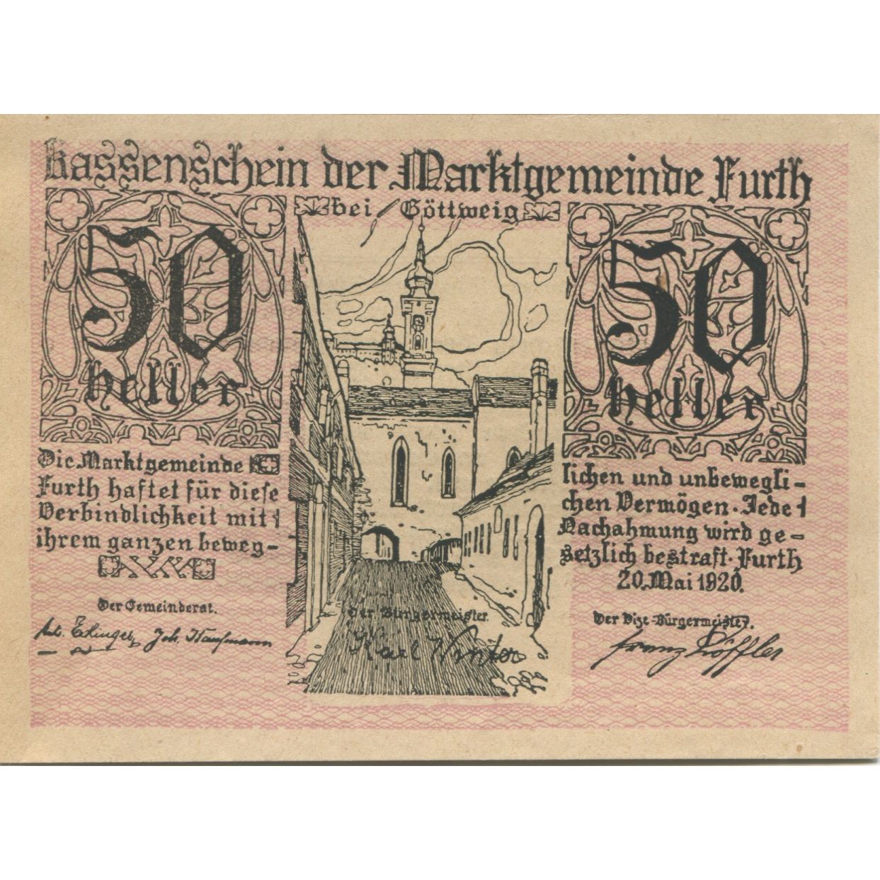Banconote, Austria, Furth, 50 Heller, rue, 1920, 1920-09-30, SPL, Mehl:FS 214b