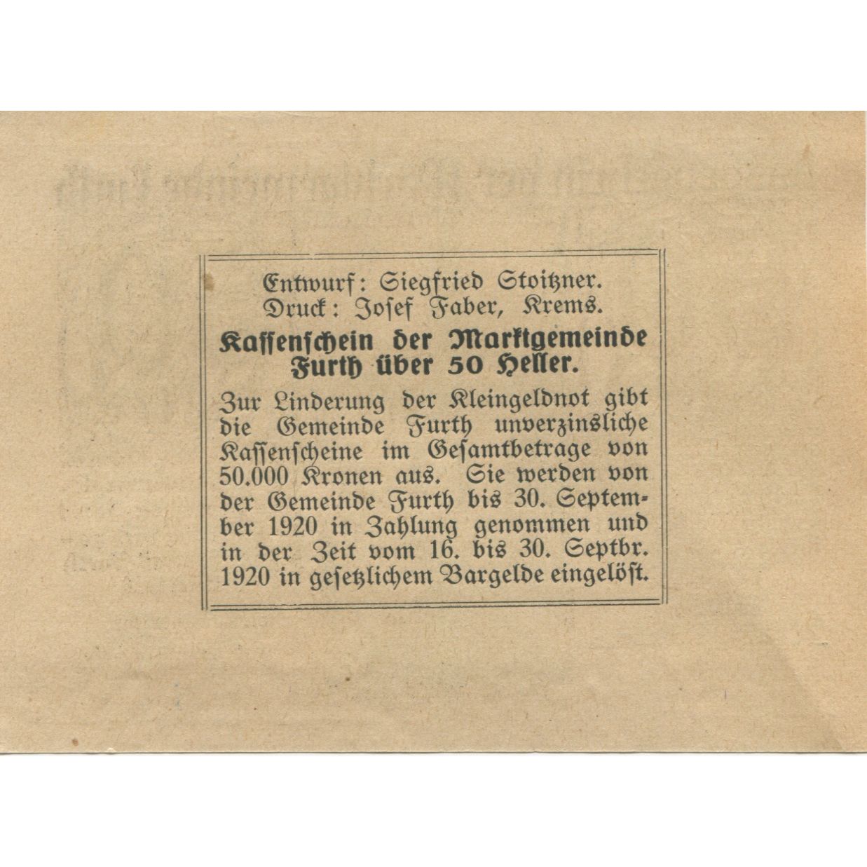 Banconote, Austria, Furth, 50 Heller, rue, 1920, 1920-09-30, SPL, Mehl:FS 214b