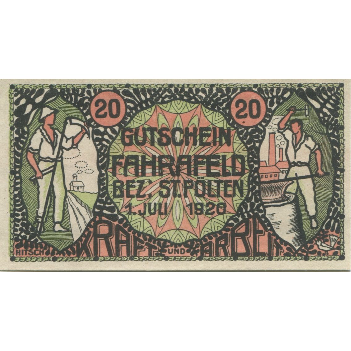 Billet, Autriche, Fahrafeld, 20 Heller, Usine 1, 1920-07-01, SPL, Mehl:FS 193