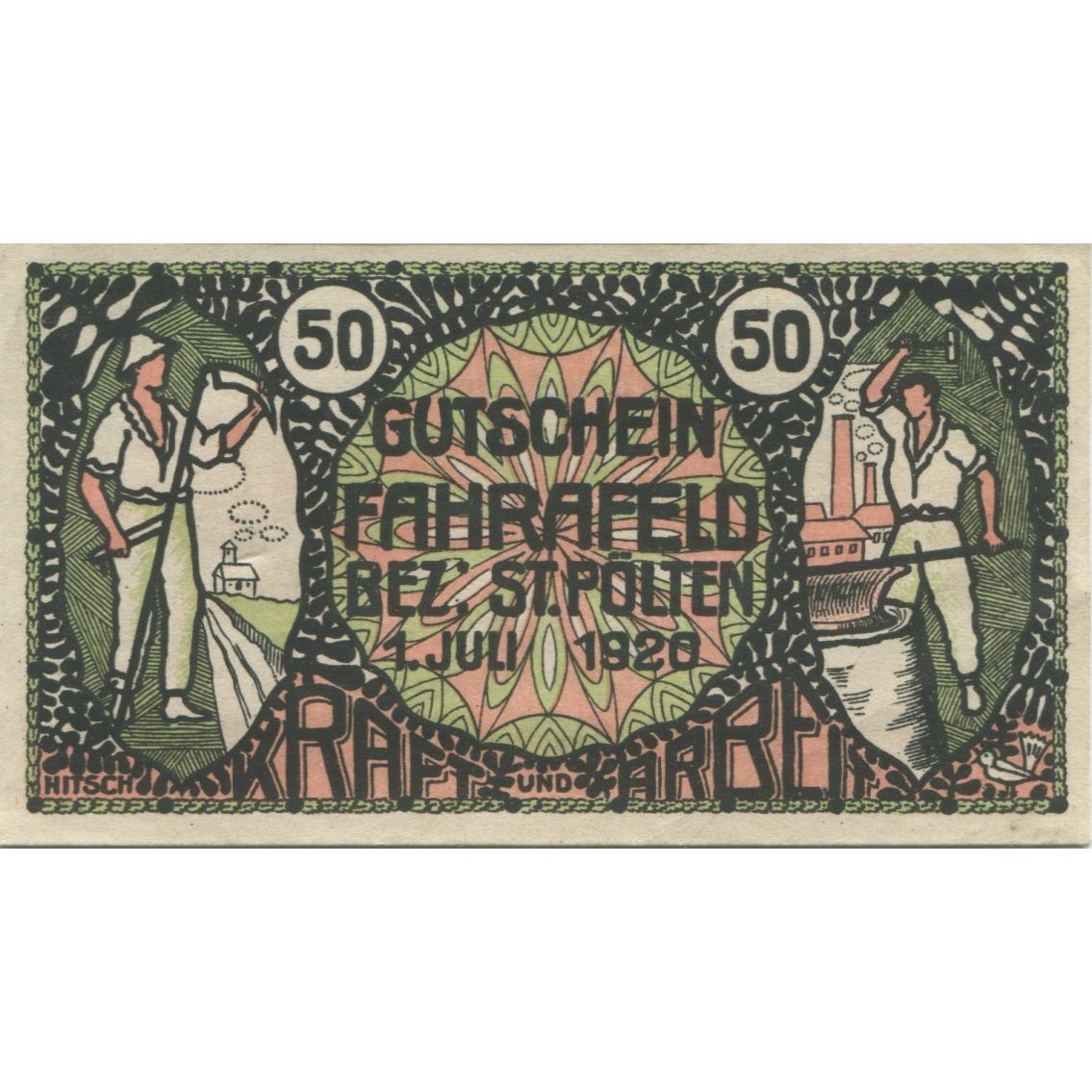 Banknote, Austria, Fahrafeld 50 Heller, Usine 2, 1920-07-01, UNC(63) Mehl:FS 193