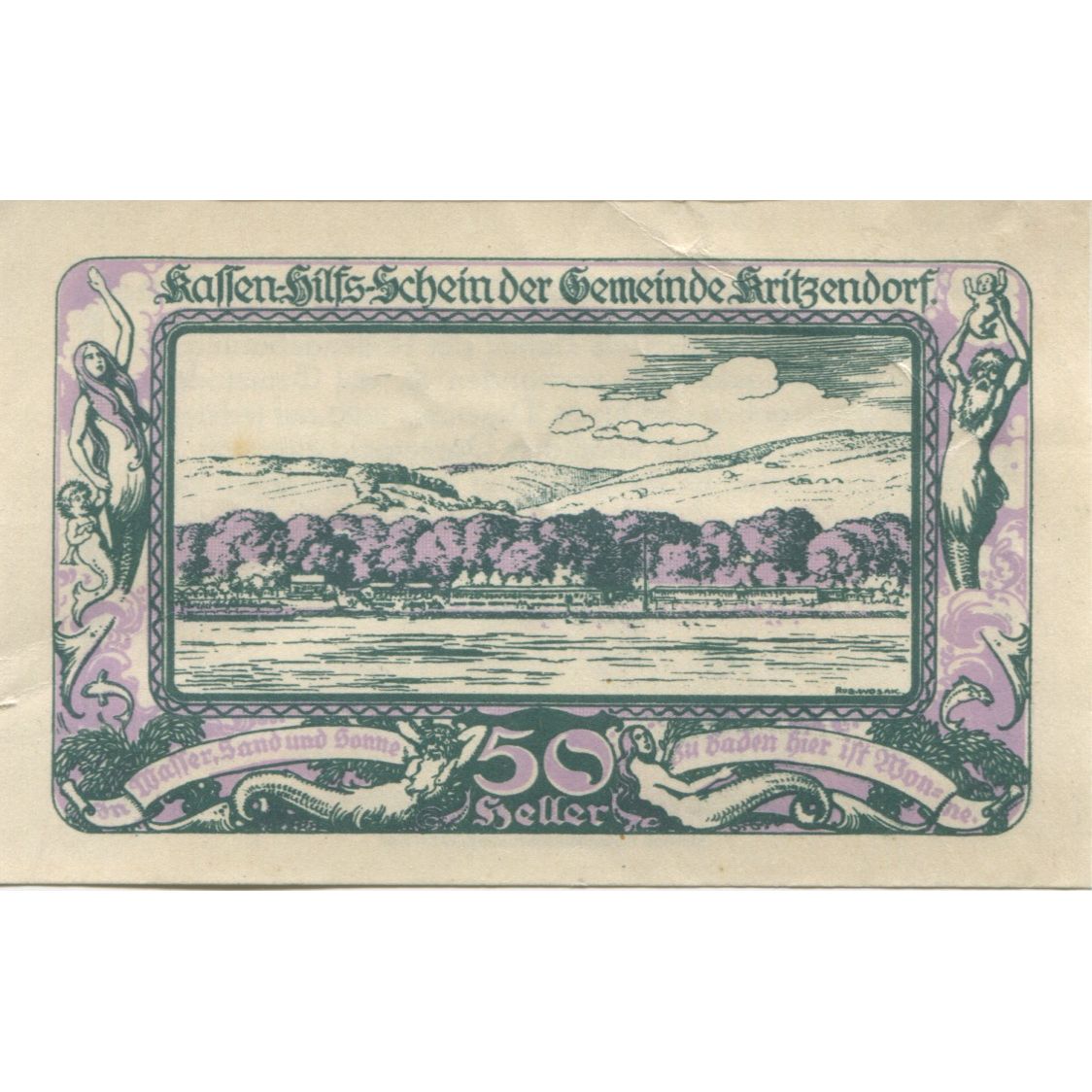 Banknote, Austria, Kritzendorf, 50 Heller, paysage, 1920 UNC(63) Mehl:FS 484a