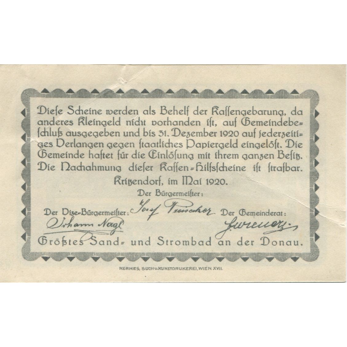 Banknote, Austria, Kritzendorf, 50 Heller, paysage, 1920 UNC(63) Mehl:FS 484a