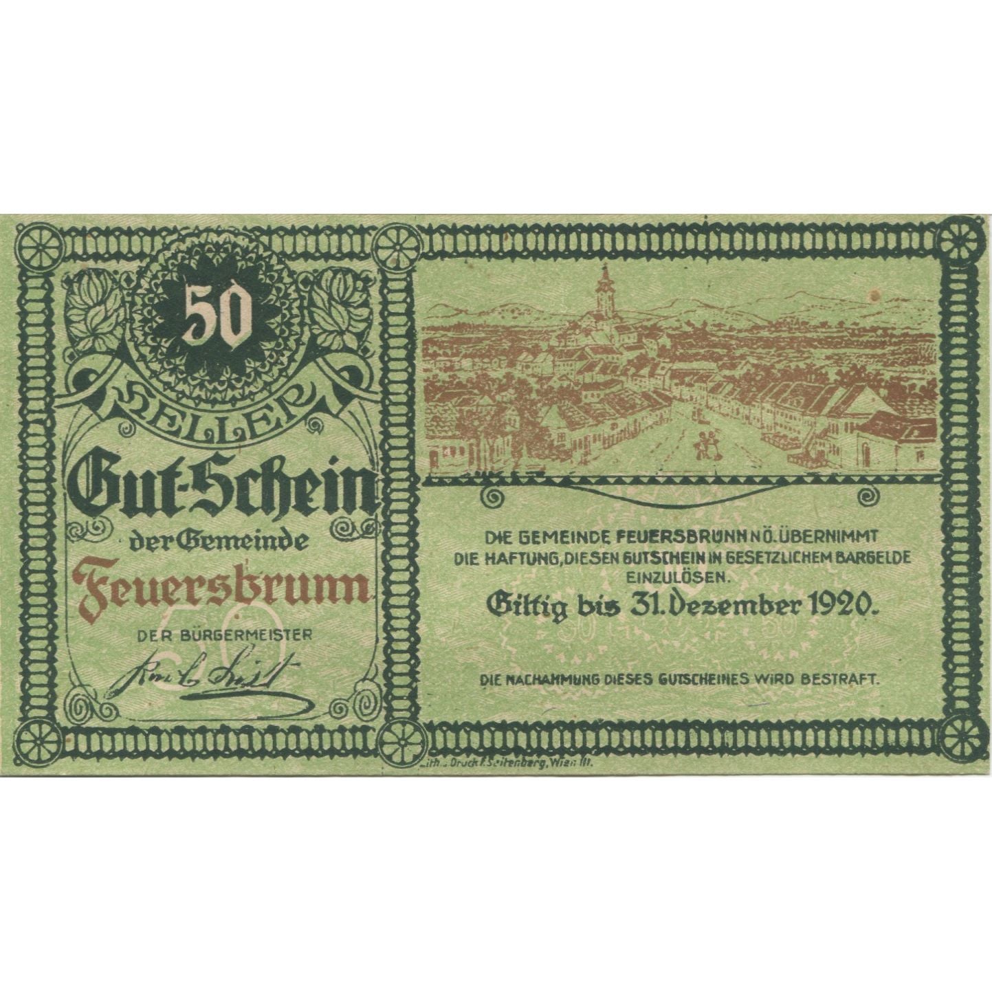 Banknote, Austria, Feuersbrunn, 50 Heller, Ville, 1920 UNC(63) Mehl:FS 199