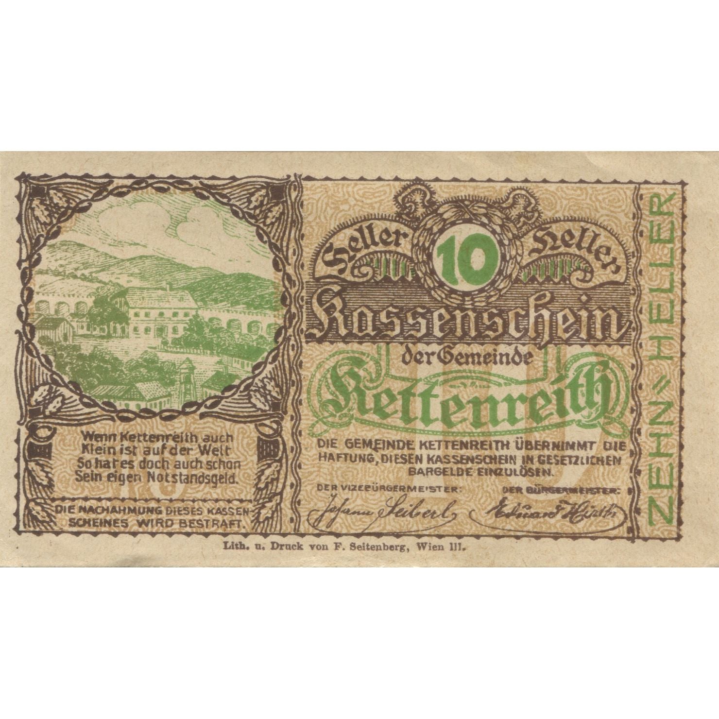Banknote, Austria, Kettenreith, 10 Heller, village, 1920, UNC(63), Mehl:FS 435a