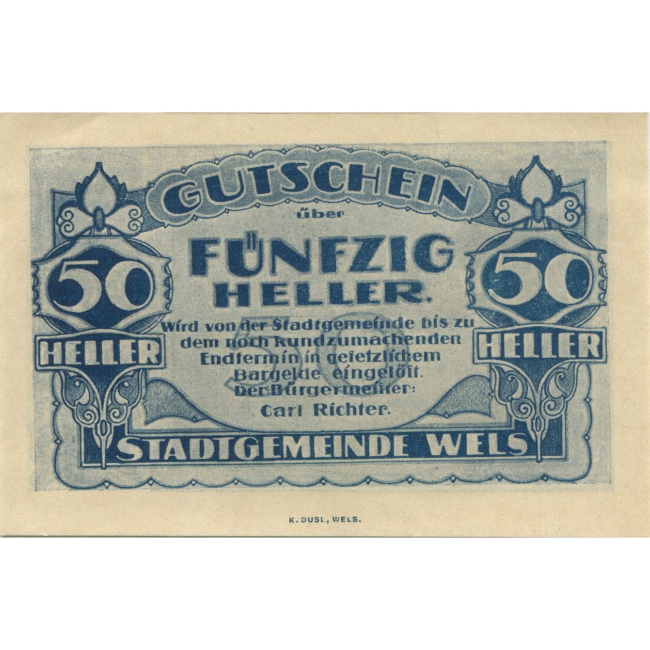 Banknote, Austria, Wels, 50 Heller, rue, 1920, UNC(63), Mehl:FS 1167