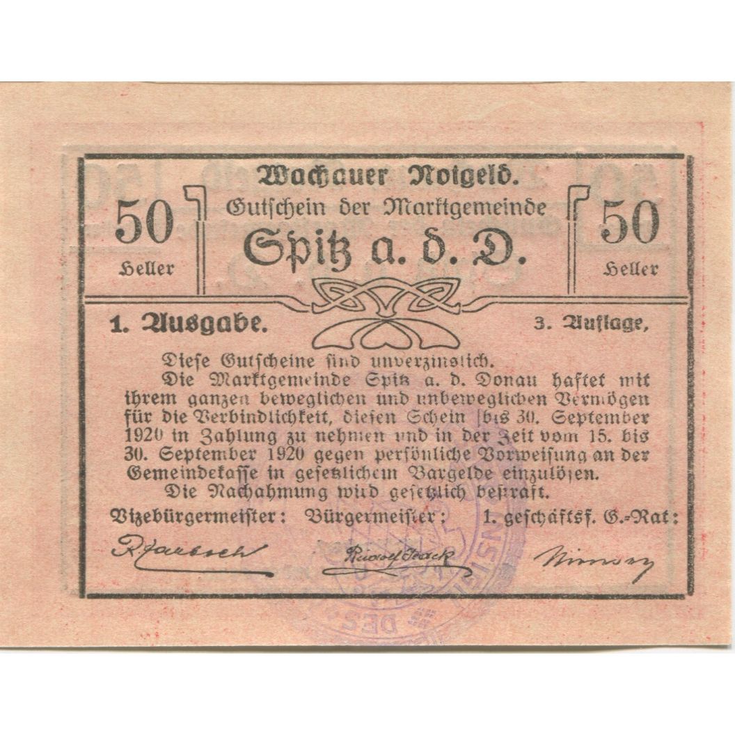 Banknote, Austria, Spitz, 50 Heller, paysage 1920-09-30, UNC(63) Mehl:FS 1255a