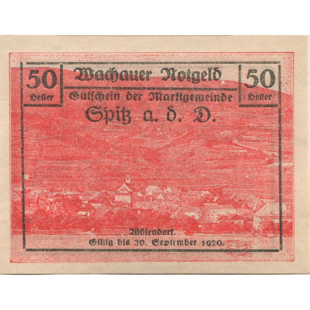 Banknote, Austria, Spitz, 50 Heller, paysage 1920-09-30, UNC(63) Mehl:FS 1255a