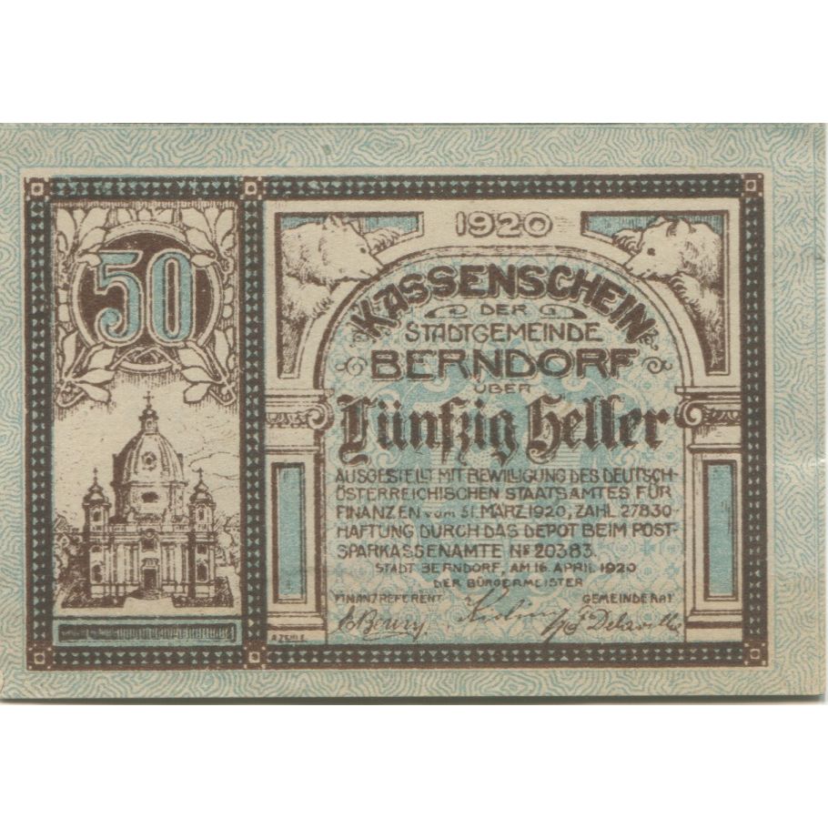Banknote, Austria, Berndorf, 50 Heller, château, 1920, UNC(63) Mehl:FS 83a