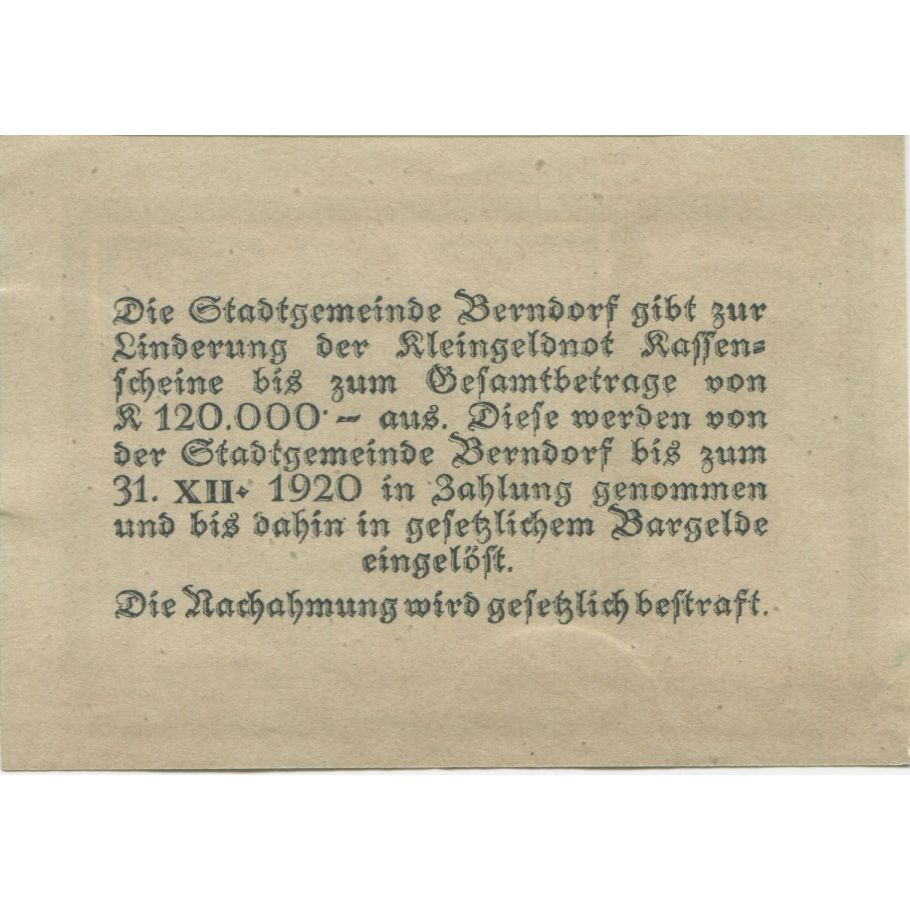 Banknote, Austria, Berndorf, 50 Heller, château, 1920, UNC(63) Mehl:FS 83a