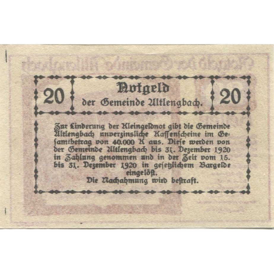Banknote, Austria, Altlengbach, 20 Heller, village, 1920 UNC(63) Mehl:FS 33c