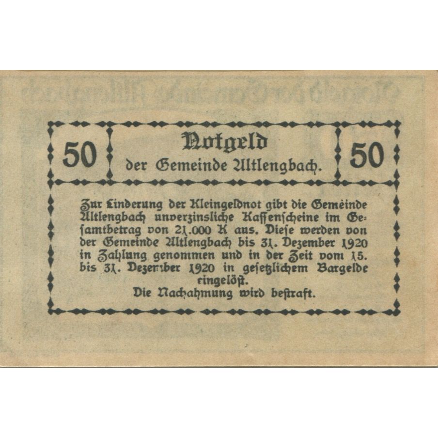 Banknote, Austria, Altlengbach, 50 Heller, paysage, 1920 UNC(63) Mehl:FS 33a