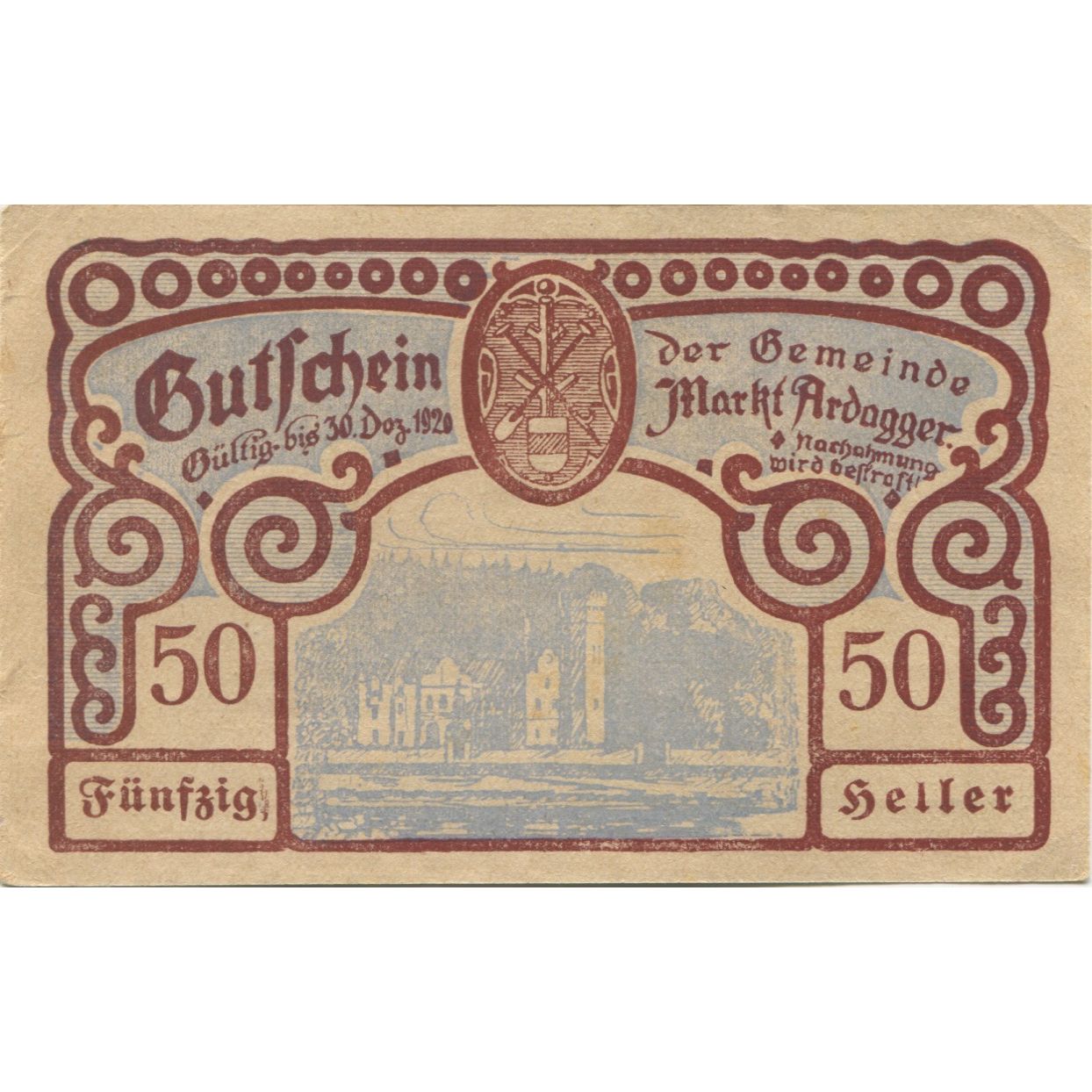 Banknote, Austria, Ardagger, 50 Heller, Port, 1920 AU(55-58) Mehl:FS 50a