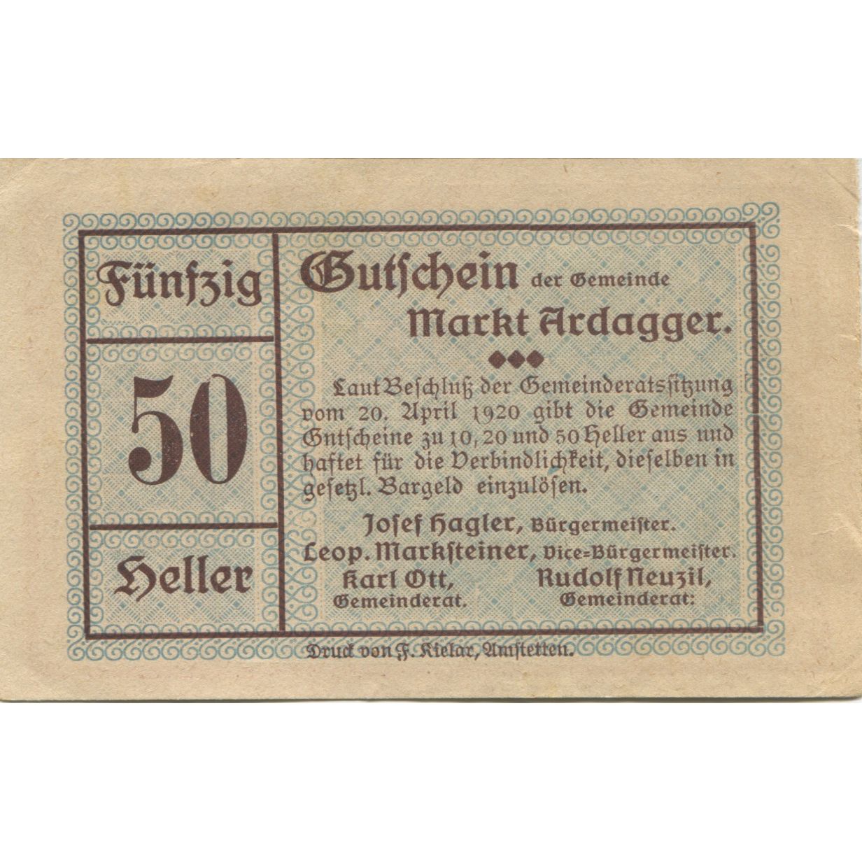 Banknote, Austria, Ardagger, 50 Heller, Port, 1920 AU(55-58) Mehl:FS 50a