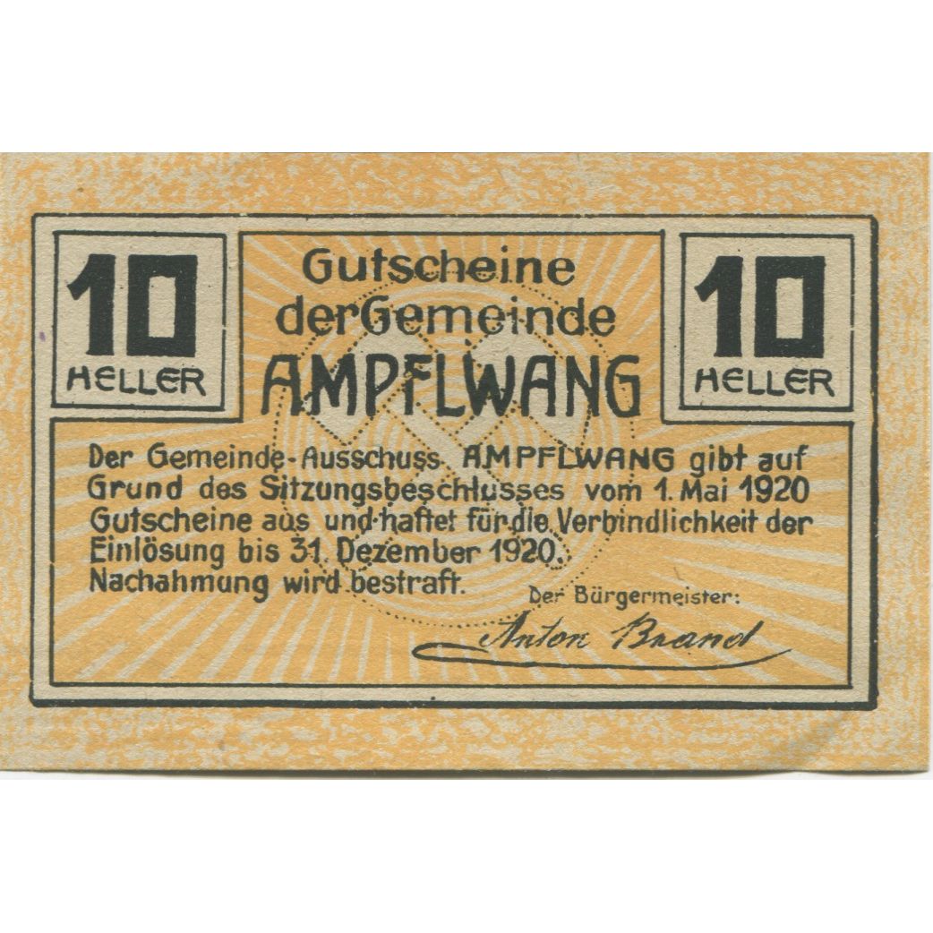Banknote, Austria, Ampflwang, 10 Heller, Mine, 1920 UNC(60-62) Mehl:FS 36a